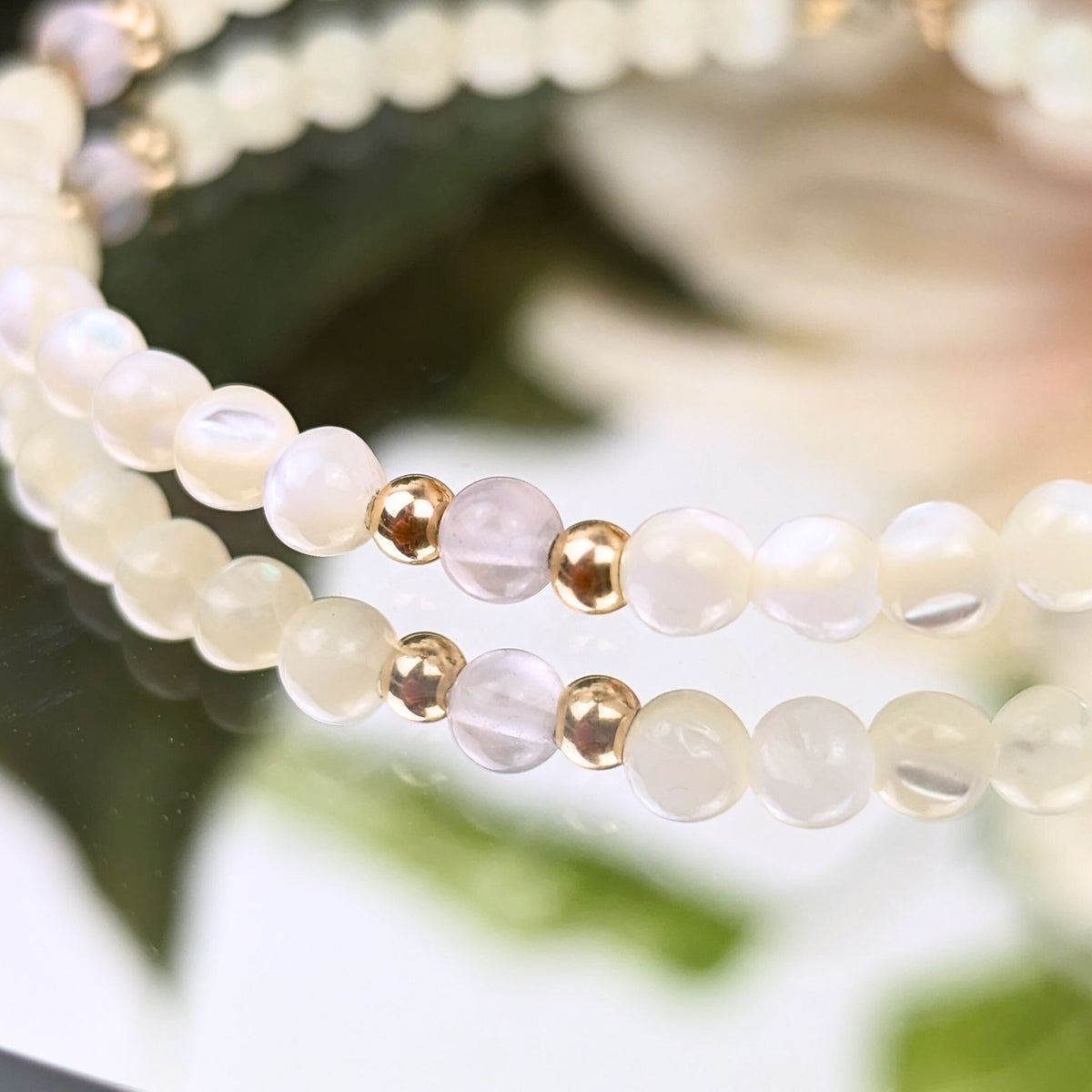 14K Gold, Moonstone, & Pink Quartz Bead 6.5" Bracelet