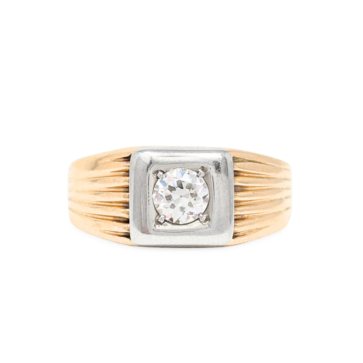 13K/17K Gold Art Deco Style Old Euro Cut Diamond Ring - Size 5.75