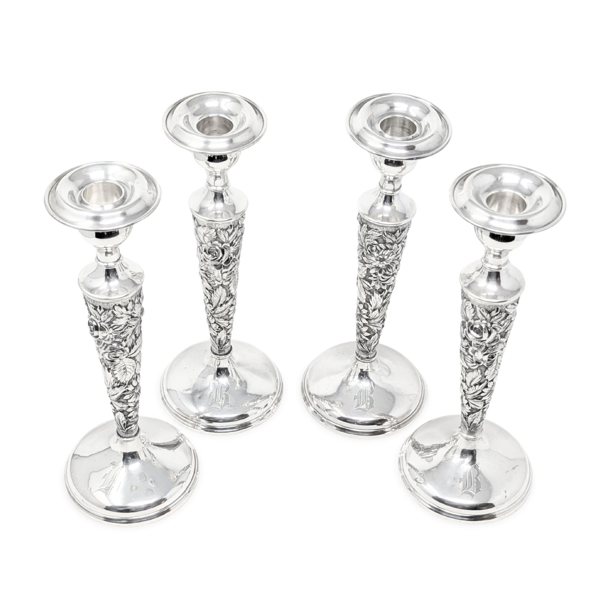 Stieff "Rose" Sterling Silver Monogrammed Weighted Candlesticks (Set of 4)