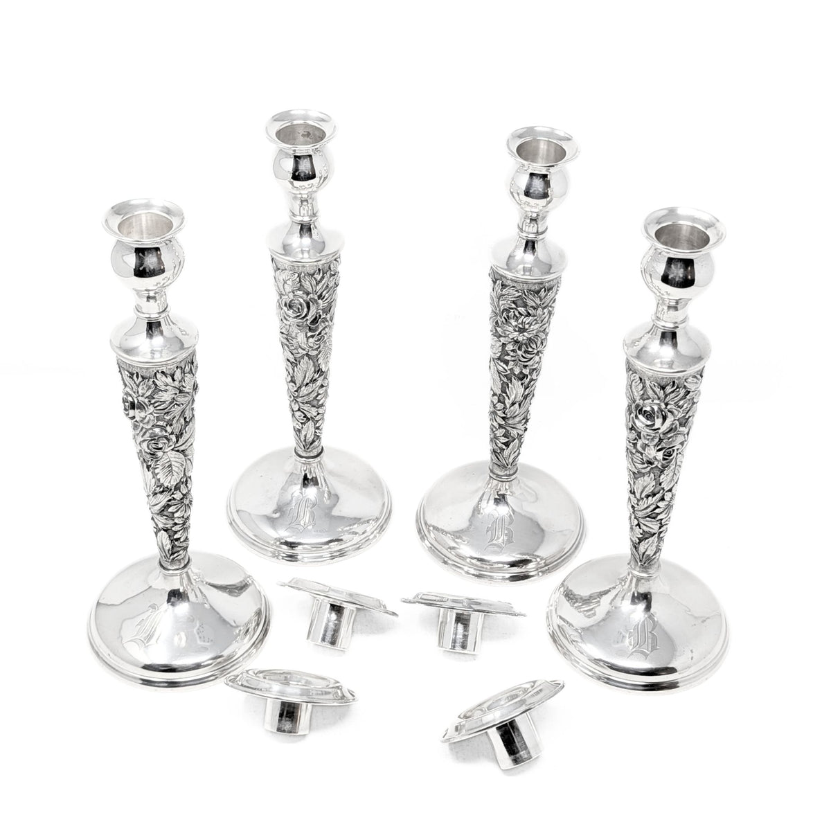 Stieff "Rose" Sterling Silver Monogrammed Weighted Candlesticks (Set of 4)
