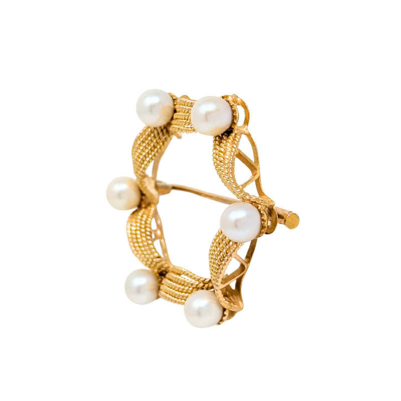 14K Gold Hexagonal Pearl Wreath Brooch