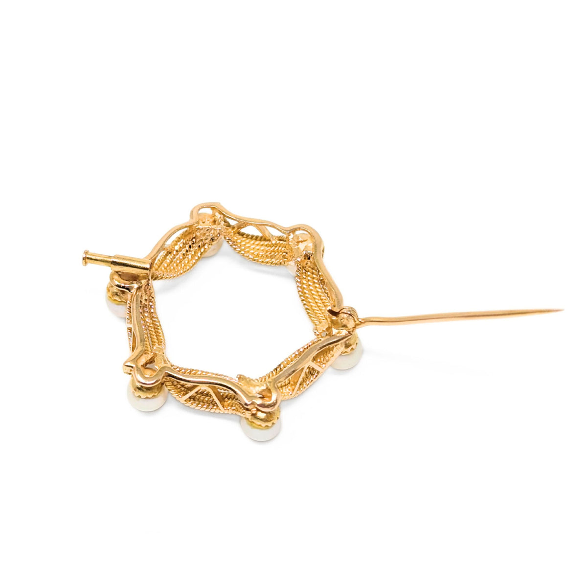 14K Gold Hexagonal Pearl Wreath Brooch
