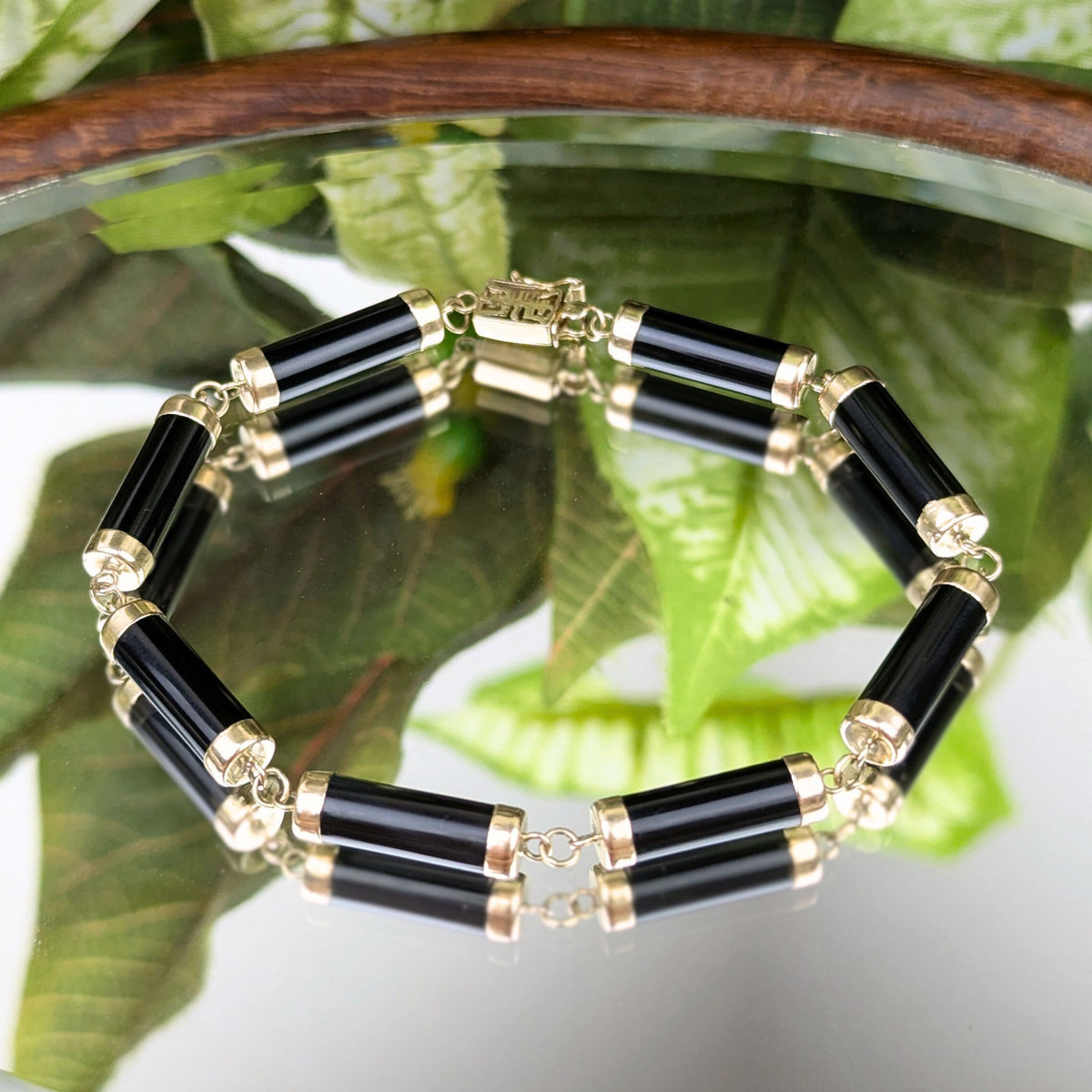 14K Gold & Black Onyx 7” Bar Link Bracelet