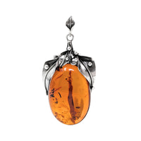 Vintage Sterling Art Nouveau Style 3" Floral Amber Pendant