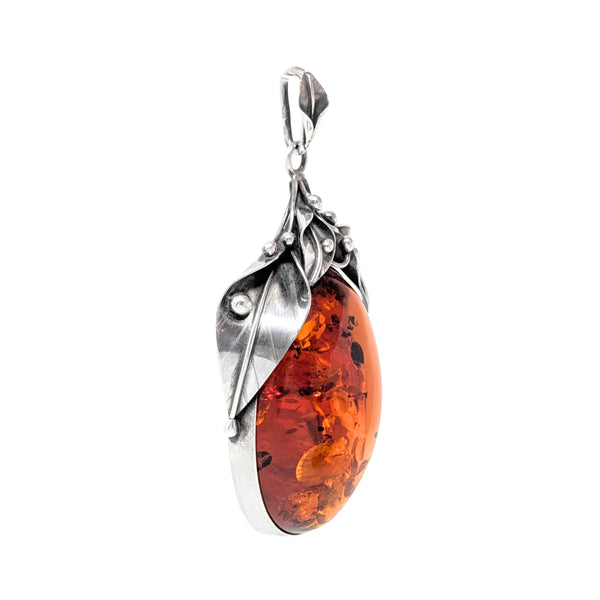 Vintage Sterling Art Nouveau Style 3" Floral Amber Pendant