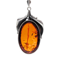 Vintage Sterling Art Nouveau Style 3" Floral Amber Pendant