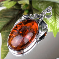 Vintage Sterling Art Nouveau Style 3" Floral Amber Pendant