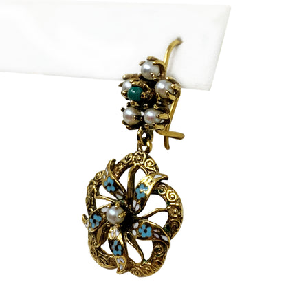 Antique 14K Gold Pearl & Jade Enameled Floral Drop Earrings
