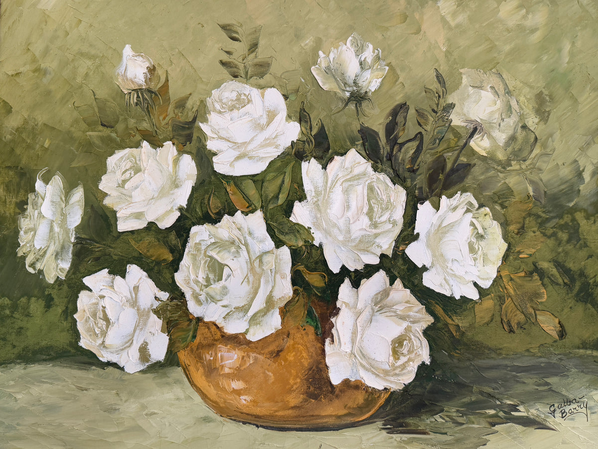 White Roses Still Life Oil on Canvas by Galba Barry, ca. 1990