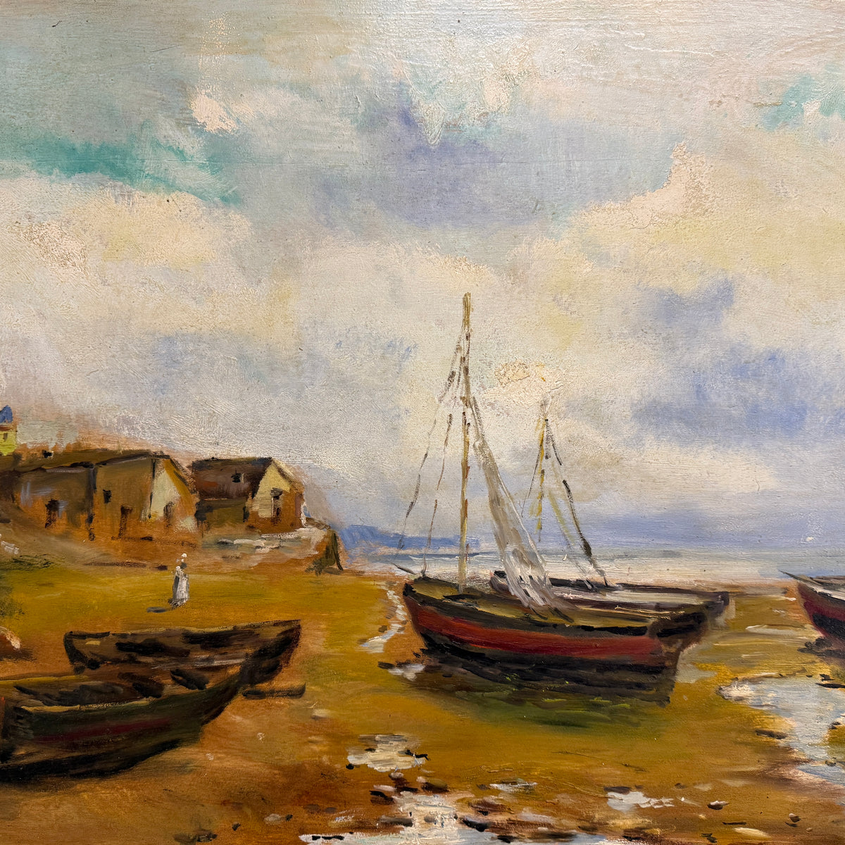 Fishing Boats at Low Tide Signed Oil on Board, ca. 1950