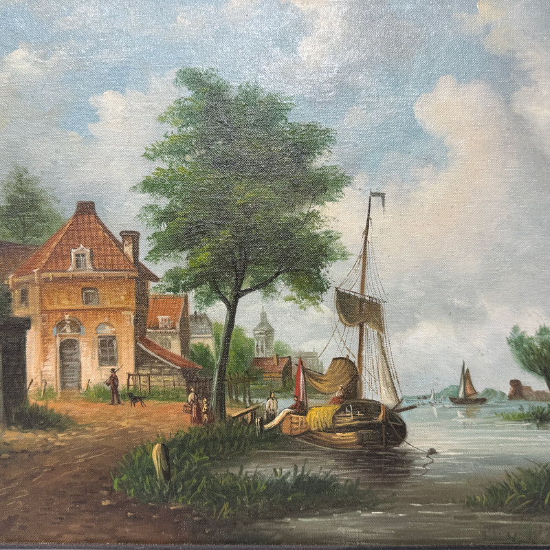 Dutch Canal Oil on Board Antique Reproduction by V. Van Pohl, ca. 1970