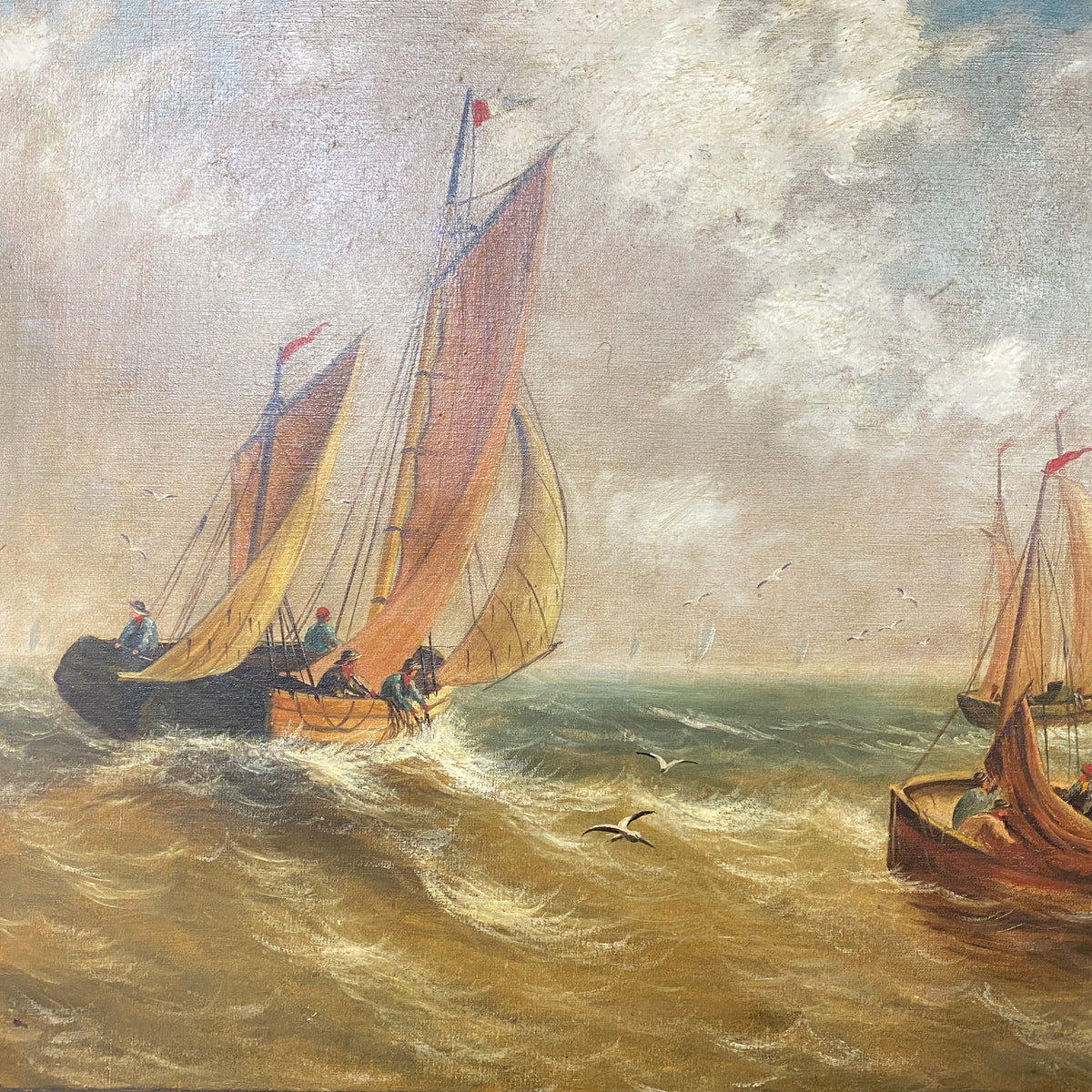 Antique French Seascape Oil on Canvas by G. Sheilds 38 x 28