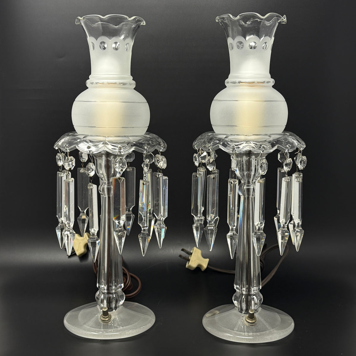 Vintage Boudoir Candlestick Luster Lamps (Pair)
