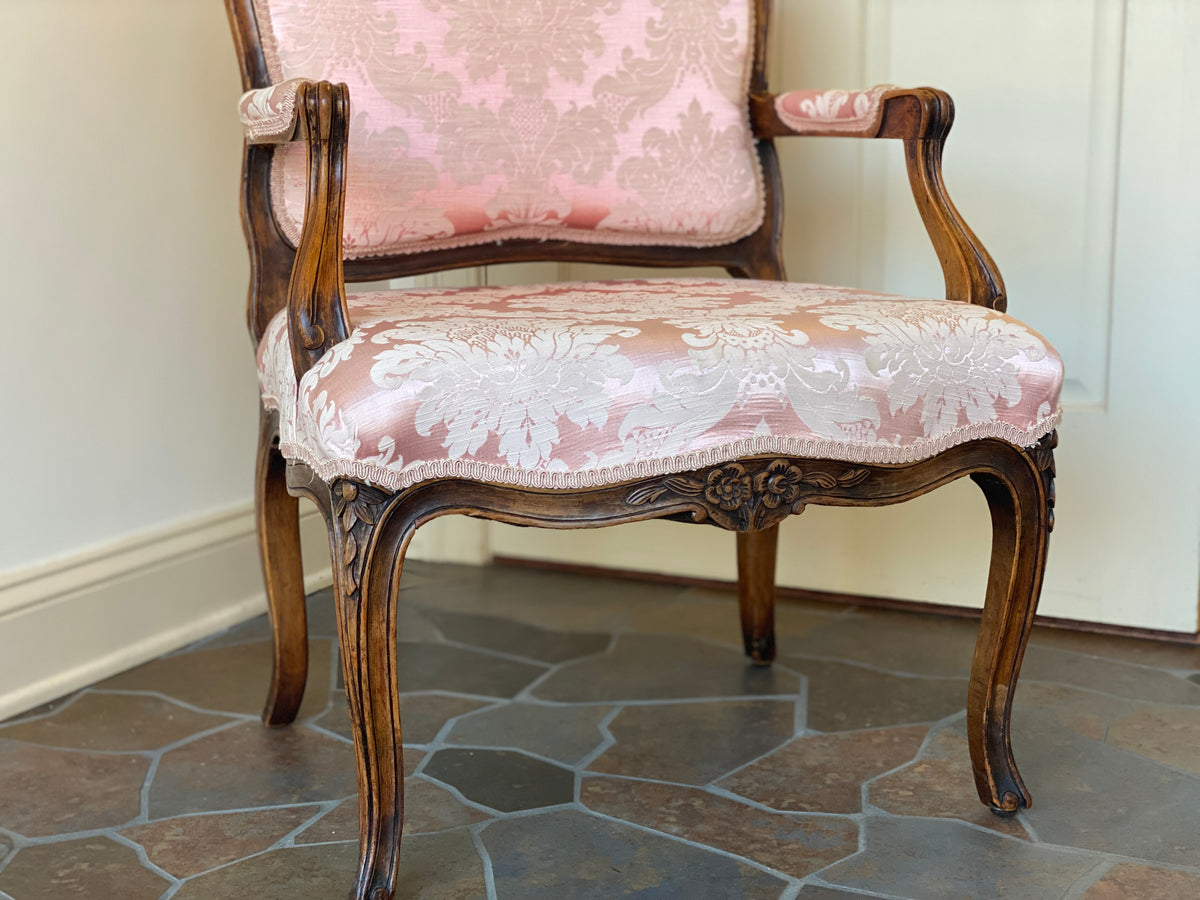 Antique Louis XV Pink Brocade Bergère Armchair