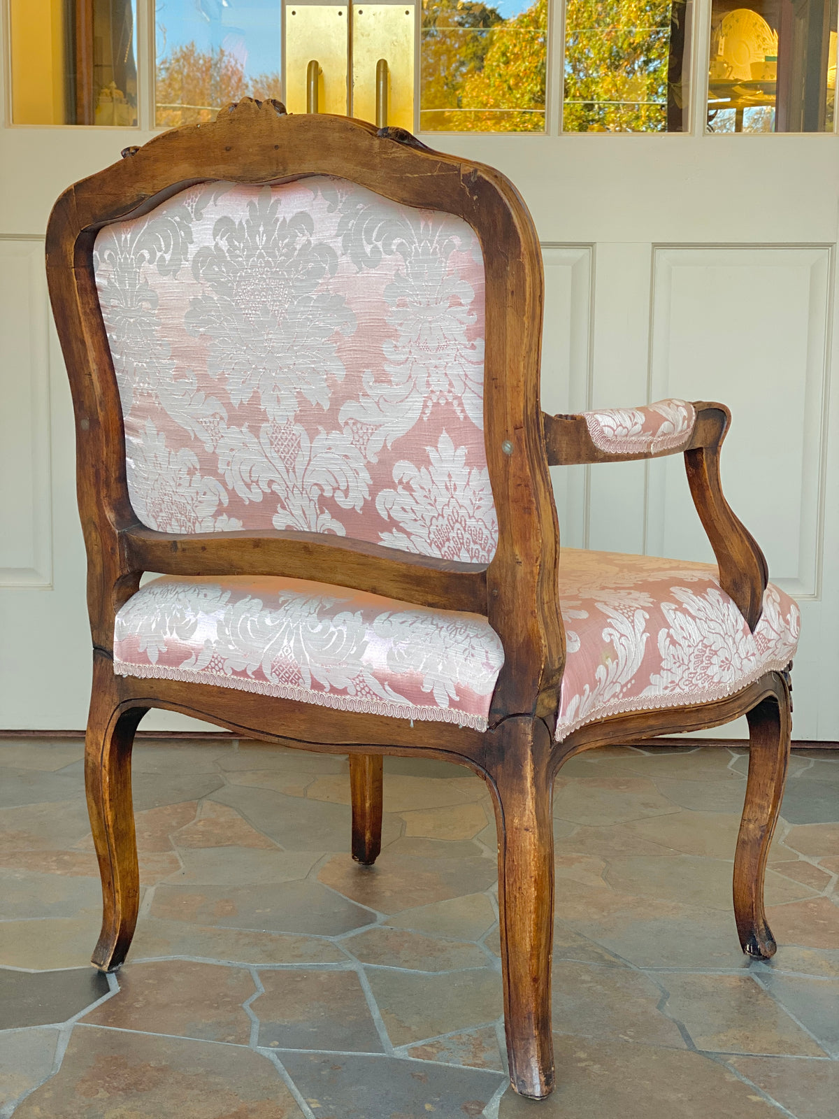 Antique Louis XV Pink Brocade Bergère Armchair