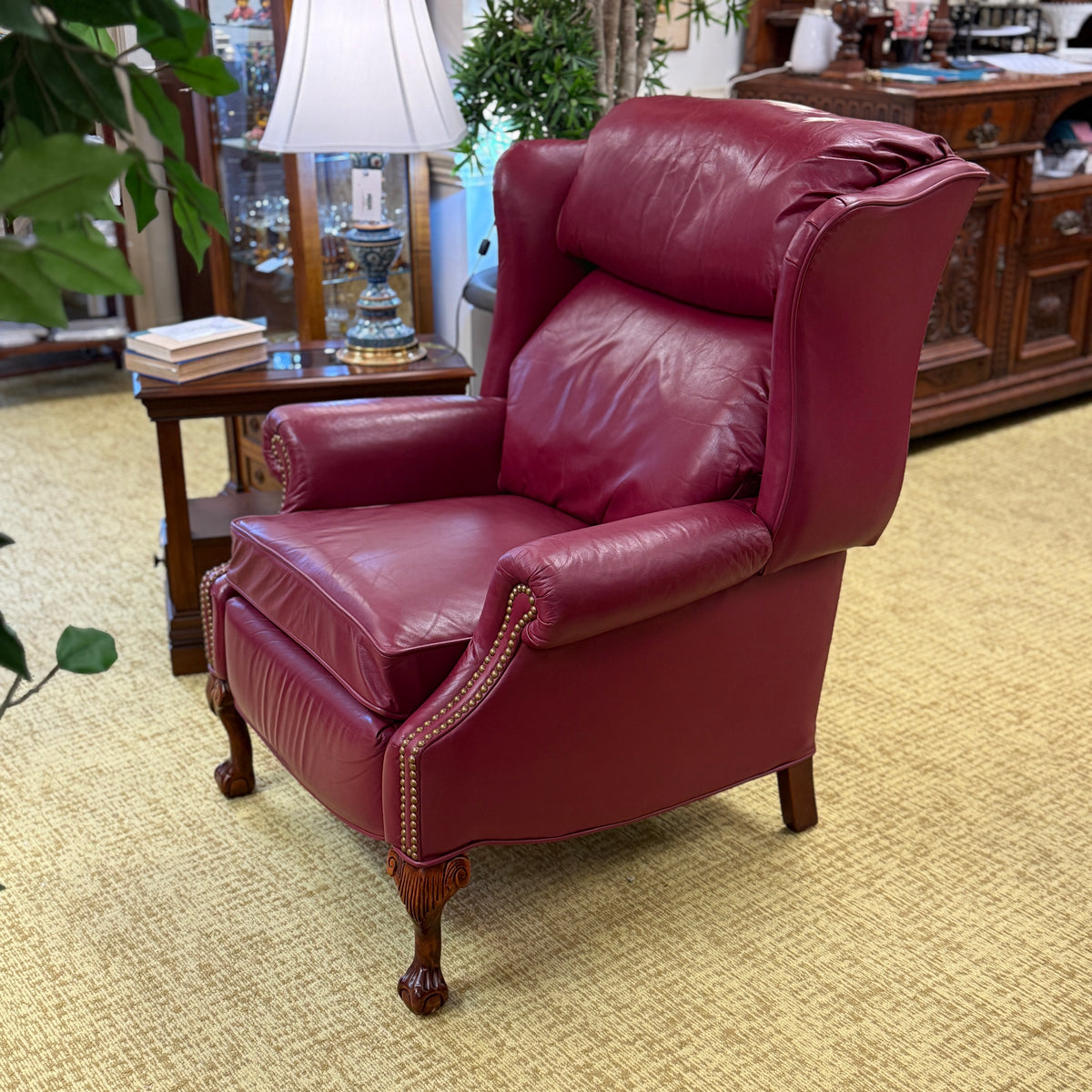 Lane Red Leather Chippendale Ball & Claw Recliner
