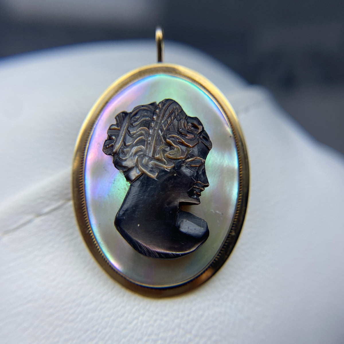 14K Gold Antique Mother of Pearl Mourning Cameo