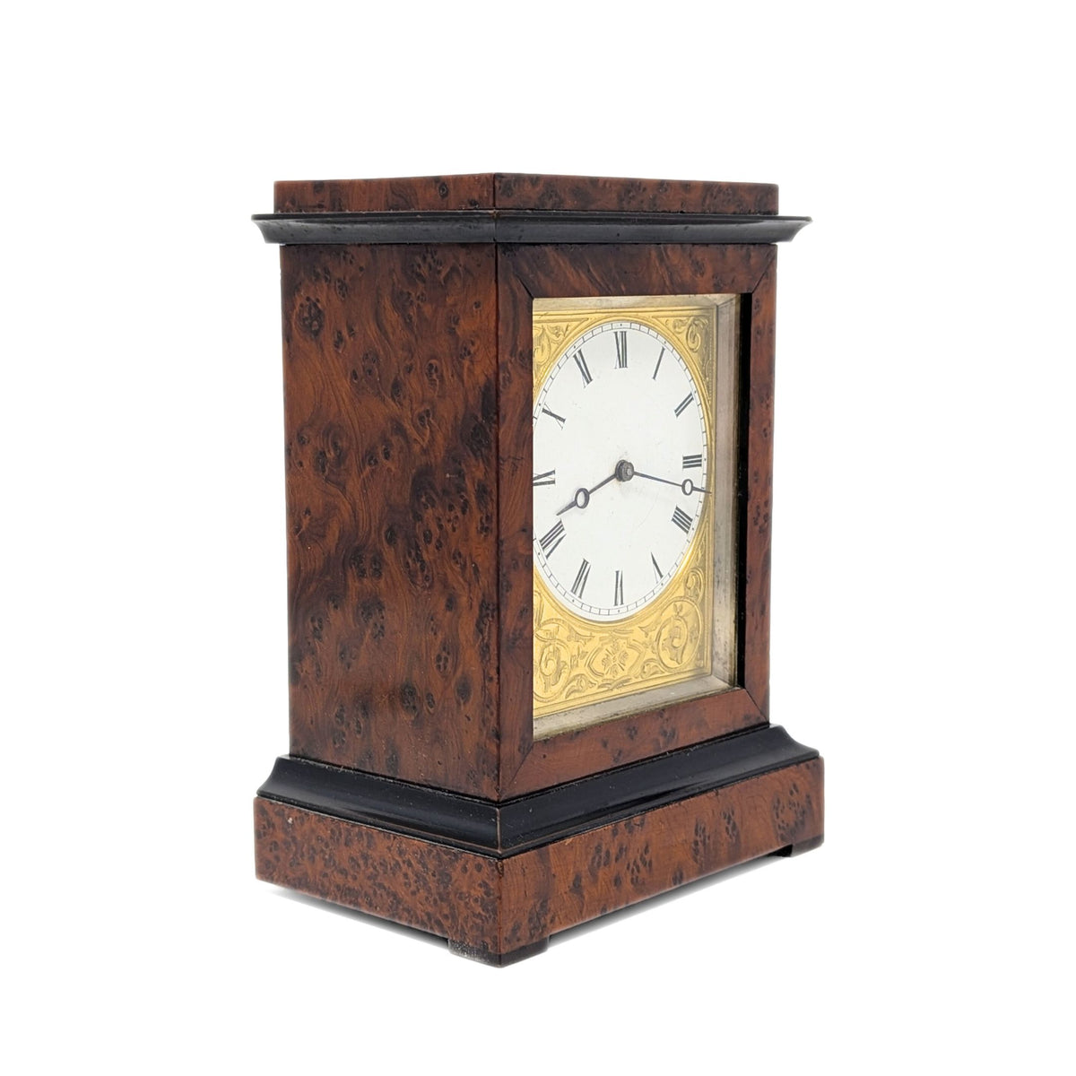 French Antique 8-Day Burled Walnut Desk Clock