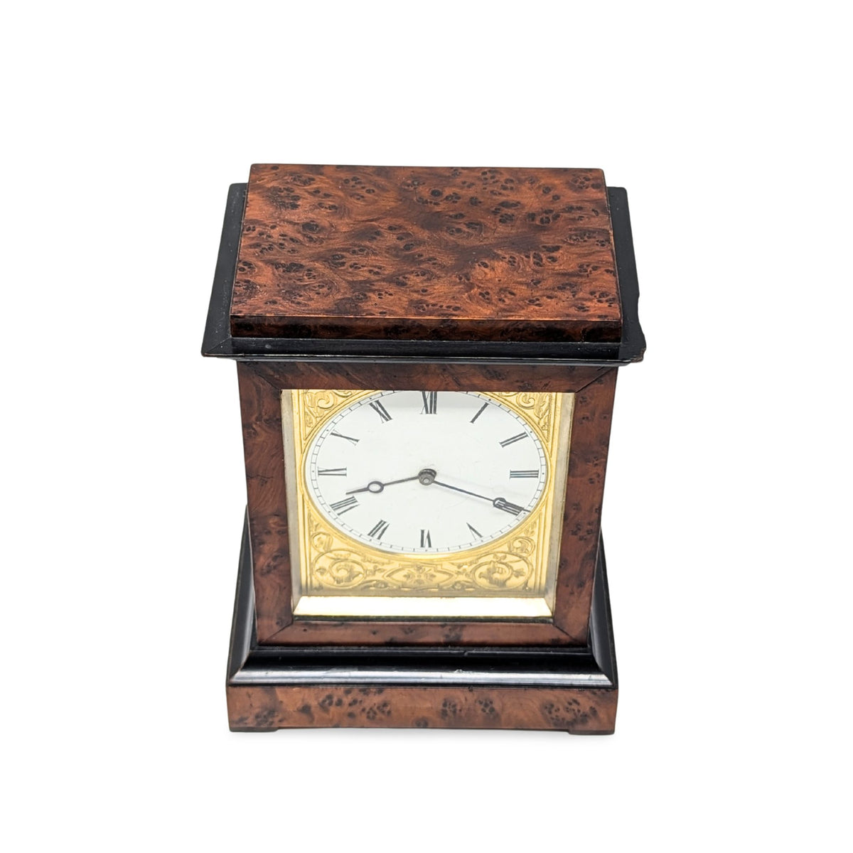 French Antique 8-Day Burled Walnut Desk Clock