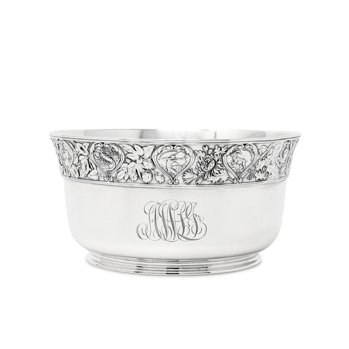 Gorham 1898 Sterling Silver Zodiac Baby Bowl, Script Monogramed "AWH"