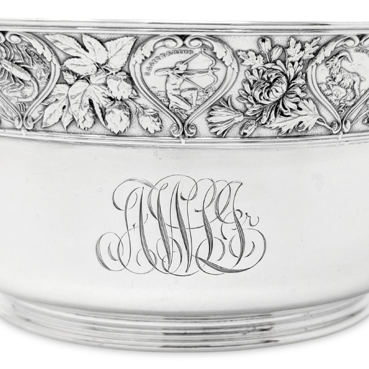 Gorham 1898 Sterling Silver Zodiac Baby Bowl, Script Monogramed "AWH"