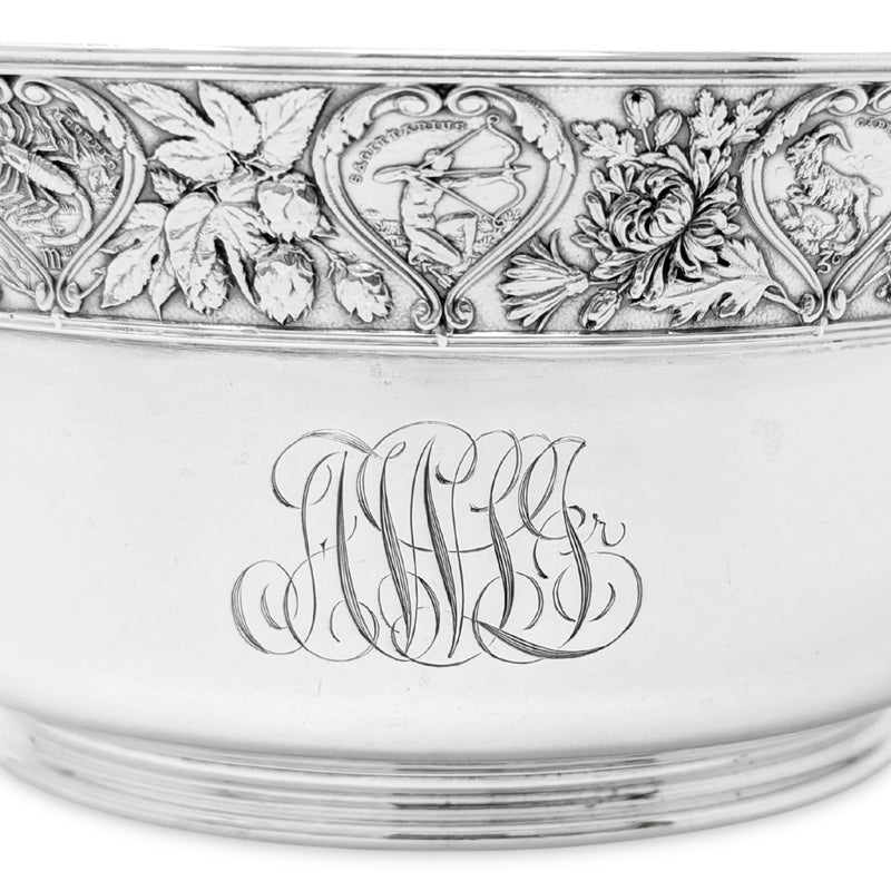 Gorham 1898 Sterling Silver Zodiac Baby Bowl, Script Monogramed "AWH"