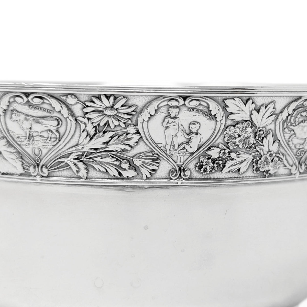 Gorham 1898 Sterling Silver Zodiac Baby Bowl, Script Monogramed "AWH"