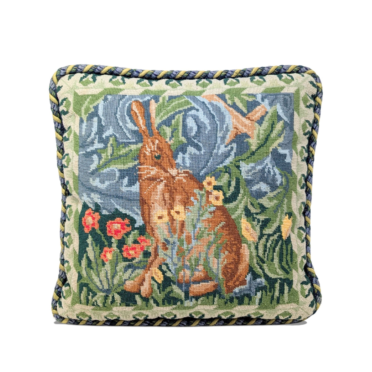 William Morris Style Needlepoint "Woodland Hare" Throw Pillow
