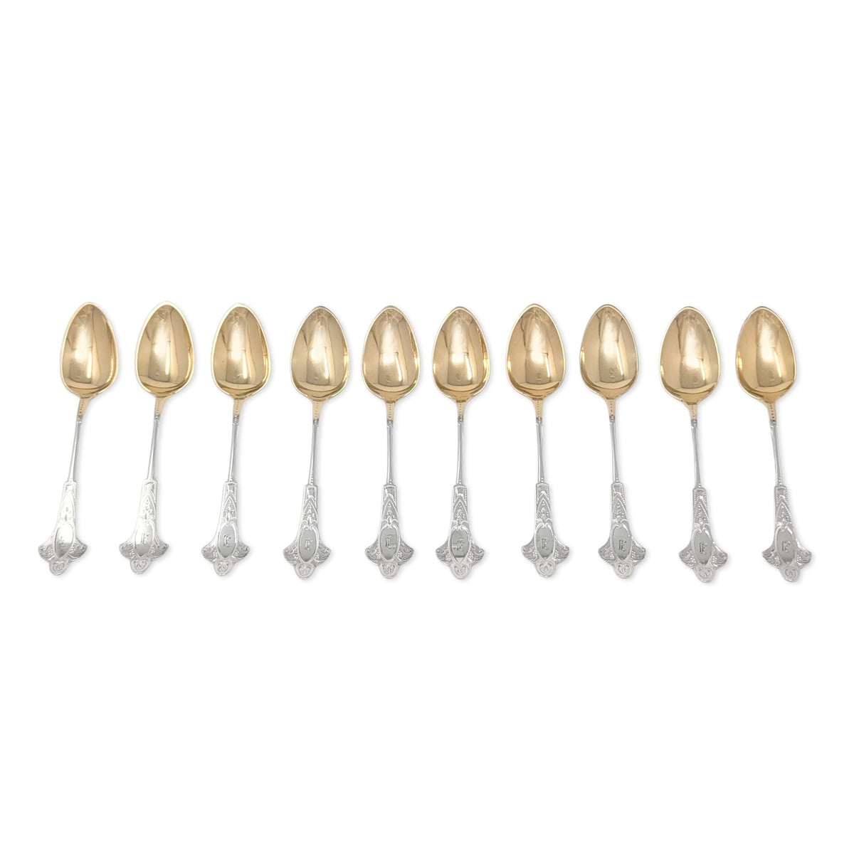 Antique Coin Silver “J” Monogram Gold Washed Demitasse Spoons (10)