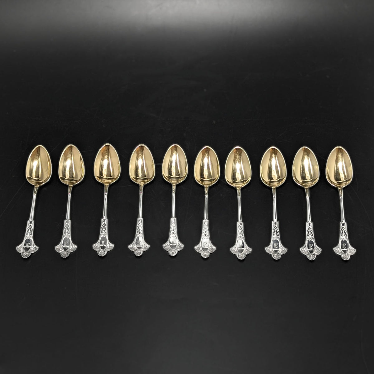 Antique Coin Silver “J” Monogram Gold Washed Demitasse Spoons (10)