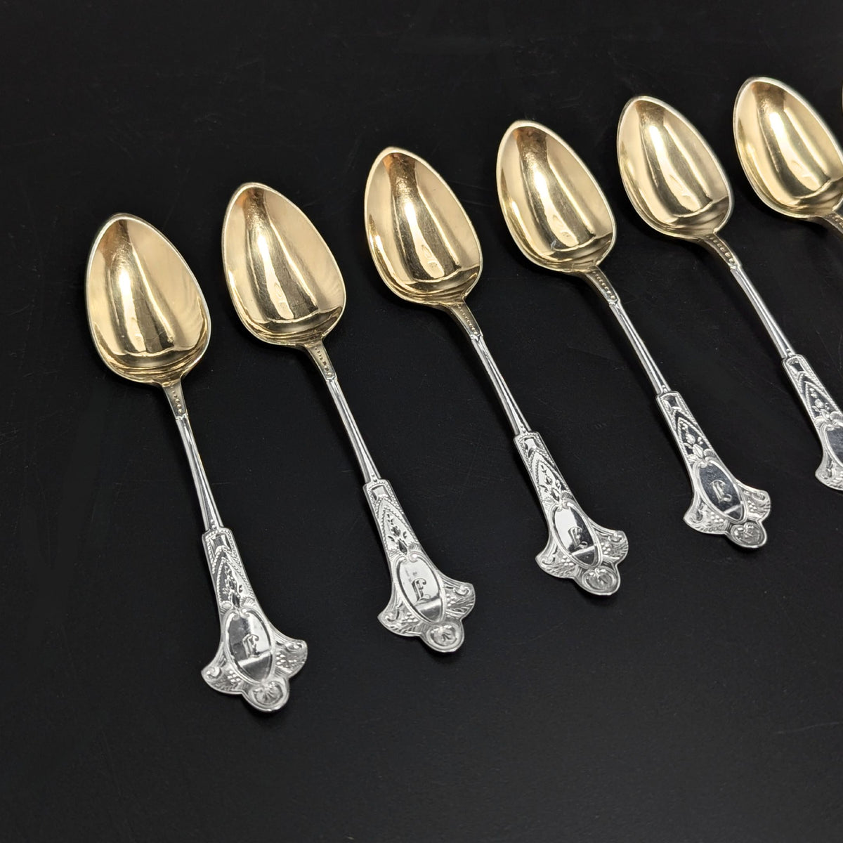 Antique Coin Silver “J” Monogram Gold Washed Demitasse Spoons (10)