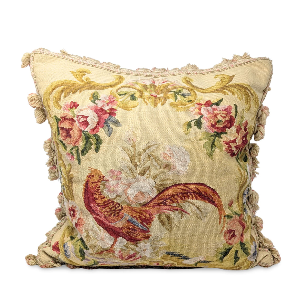 Pair of French Aubusson Style Needlepoint Pheasant Tapestry Down Feather Pillows