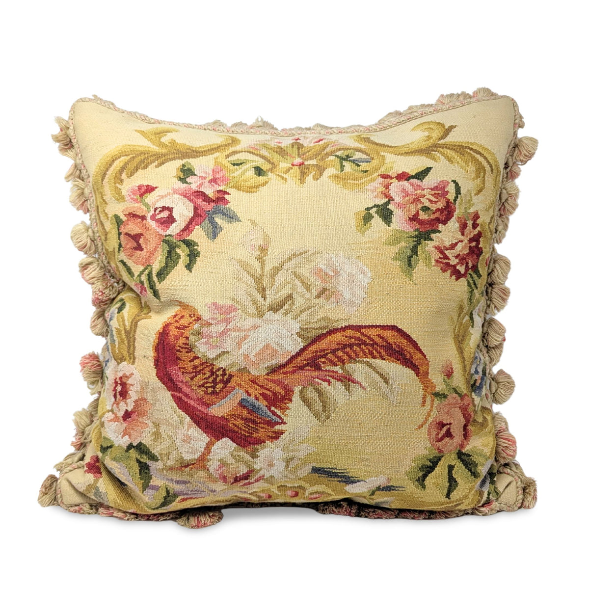 Pair of French Aubusson Style Needlepoint Pheasant Tapestry Down Feather Pillows