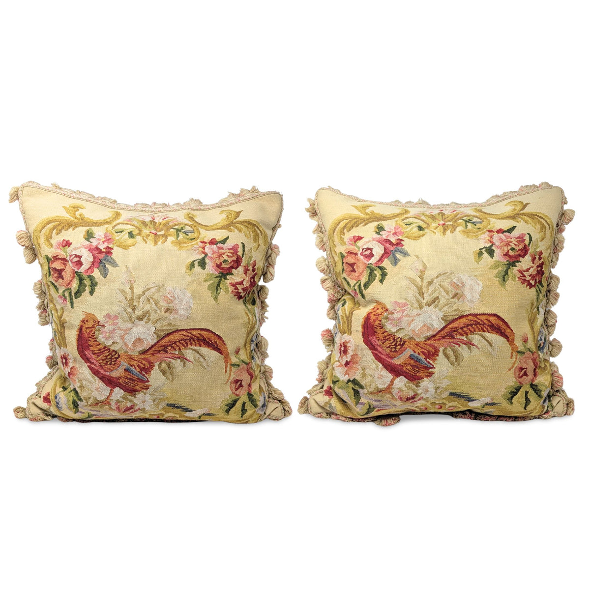 Pair of French Aubusson Style Needlepoint Pheasant Tapestry Down Feather Pillows