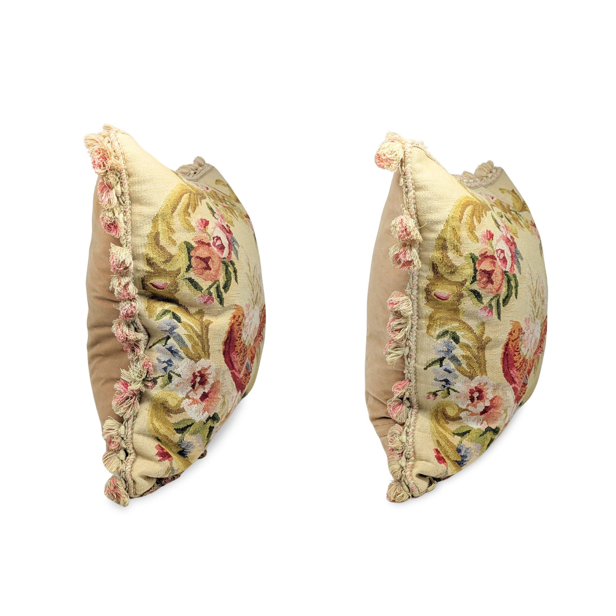Pair of French Aubusson Style Needlepoint Pheasant Tapestry Down Feather Pillows