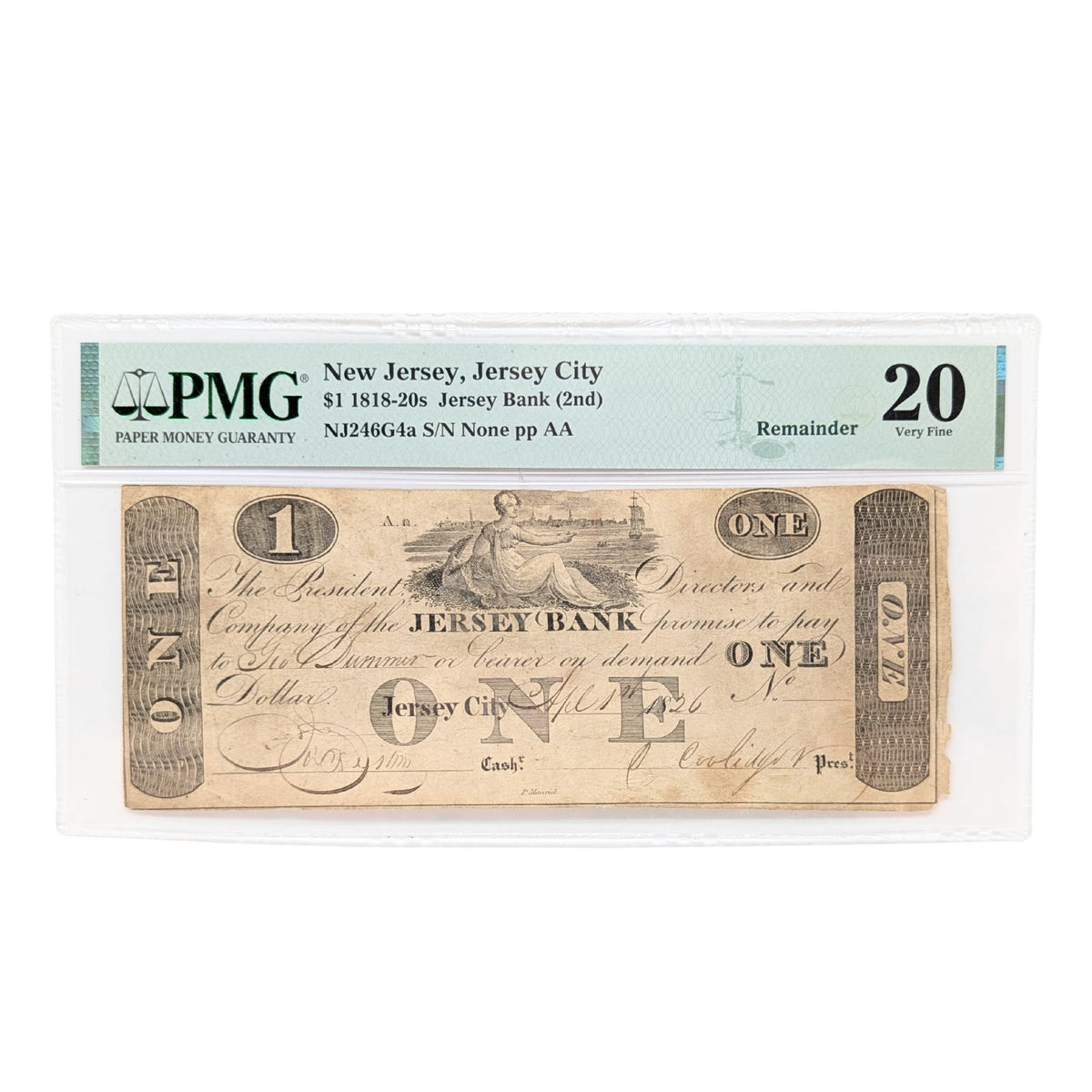 1826 $1 PMG VF20 New Jersey Bank Obsolete Currency Note, 2nd Best Grade!
