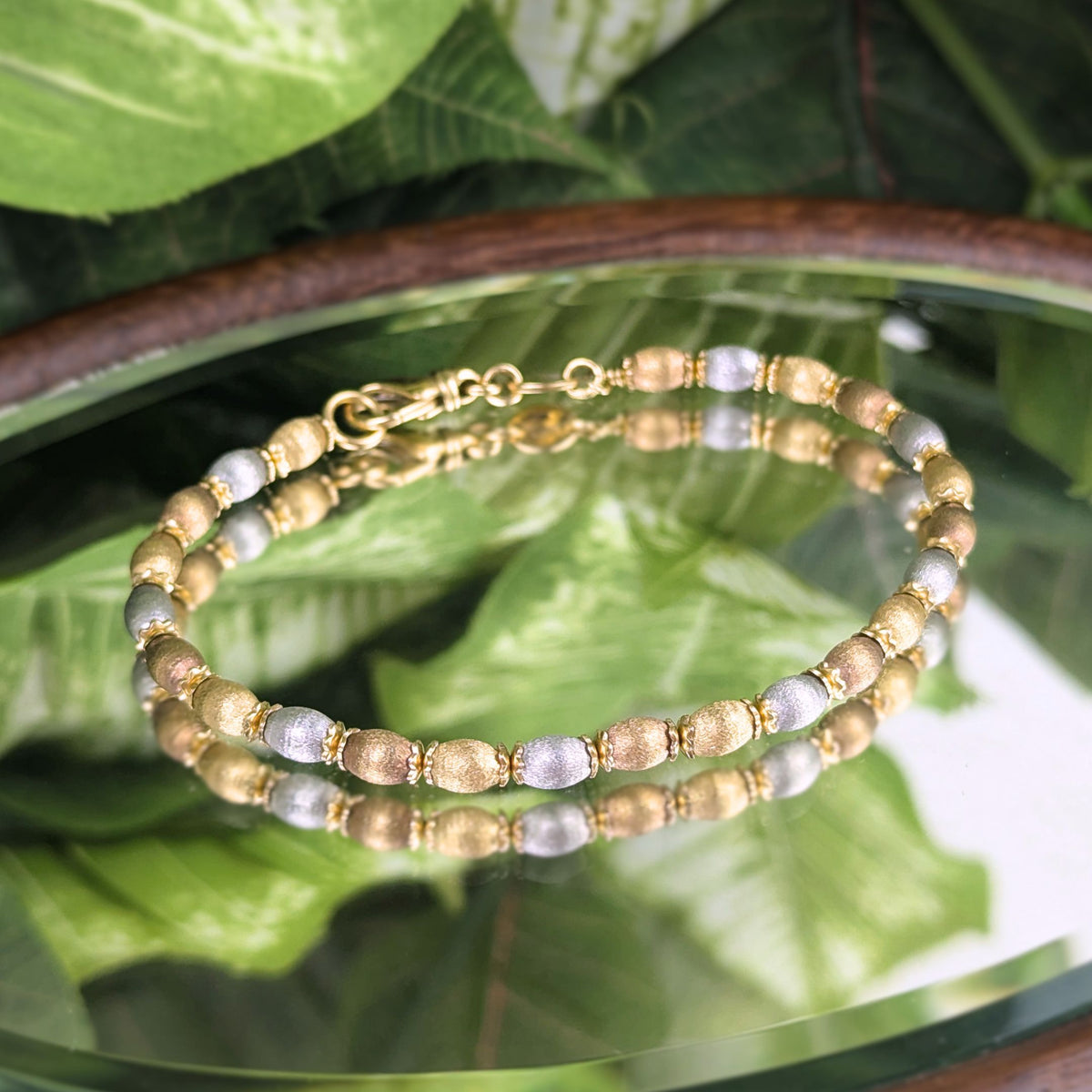 Italian 17K Tri-Color Gold Beaded Bracelet, 7 5/8"