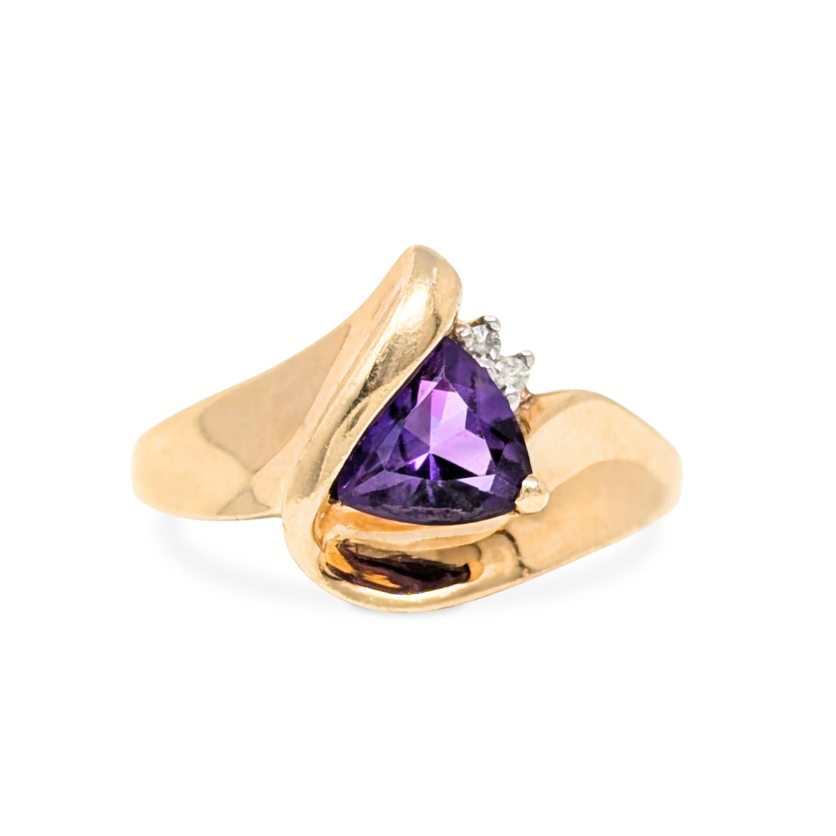 10K Gold Trillion Cut Amethyst & Diamond Wave Ring - Size 6