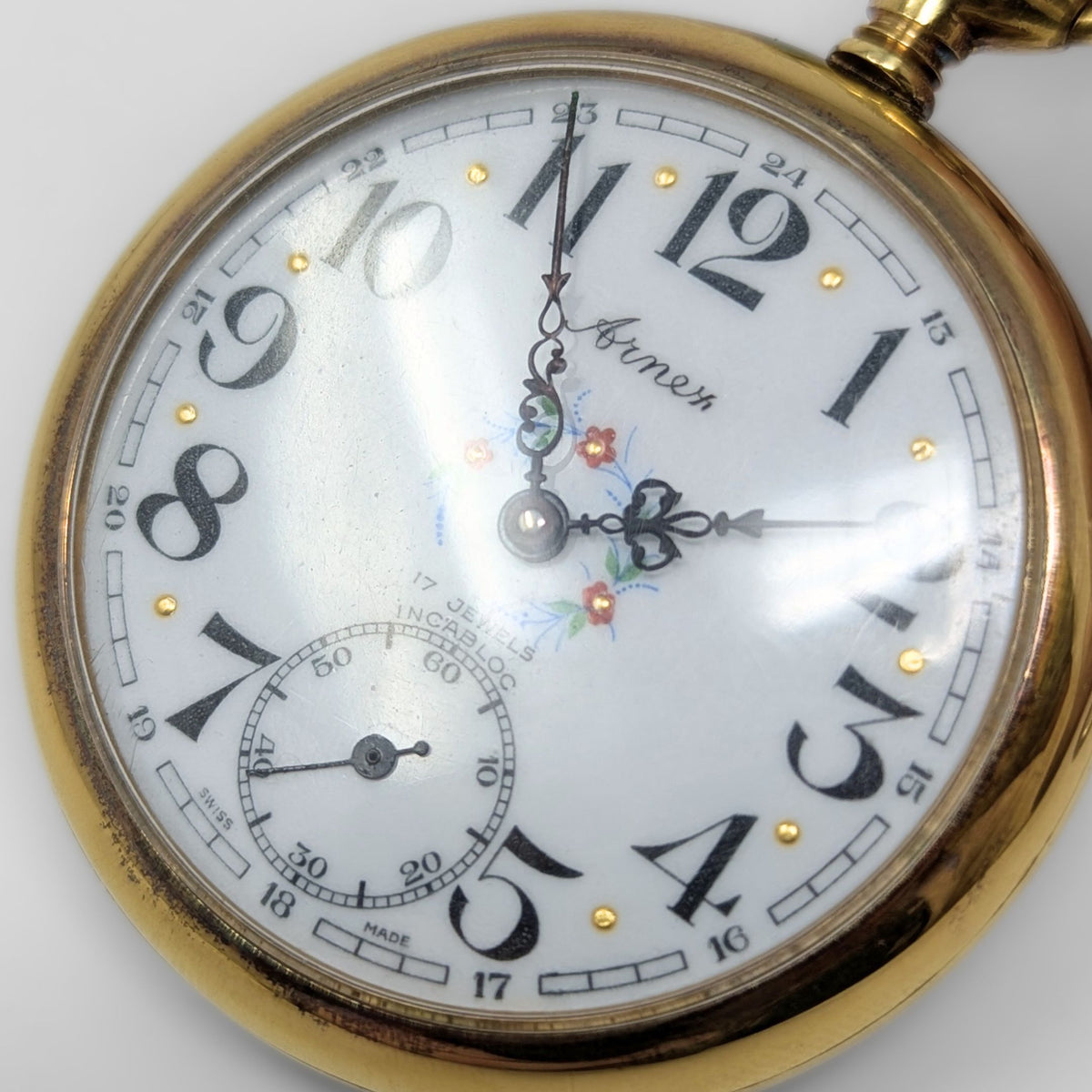 Arnex 1950’s Incabloc 17j Gold Plated Pocket Watch & Chain (Running)