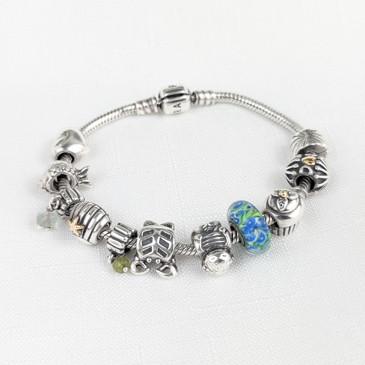 Pandora Sterling Silver Charm Bracelet With (11) Charms - Includes 14K Details