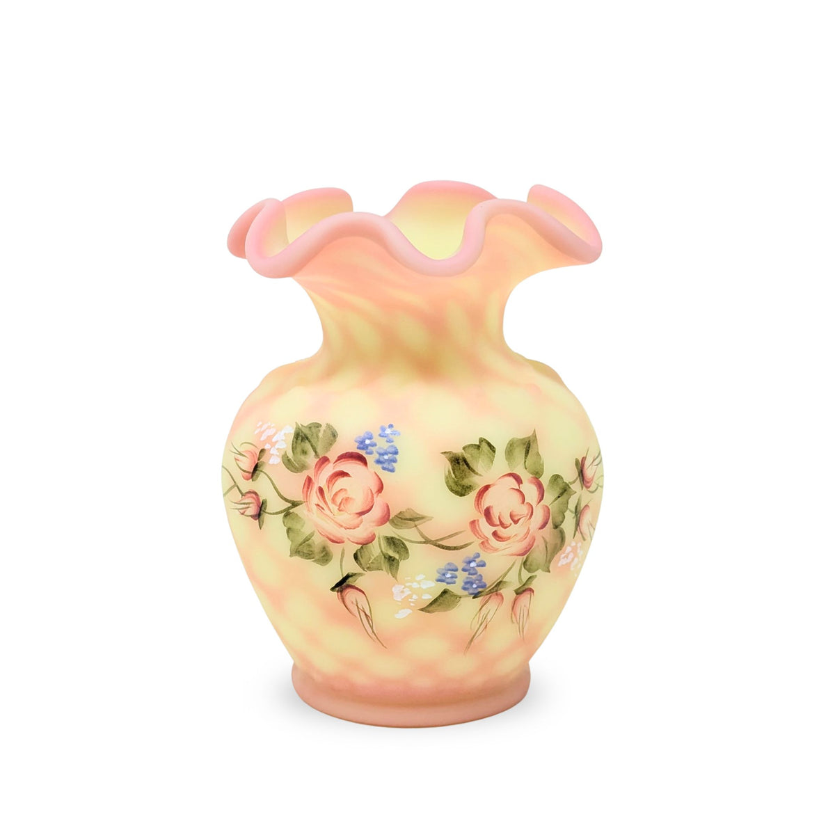 Fenton 4" Burmese Diamond Optic Rose Trellis Vase