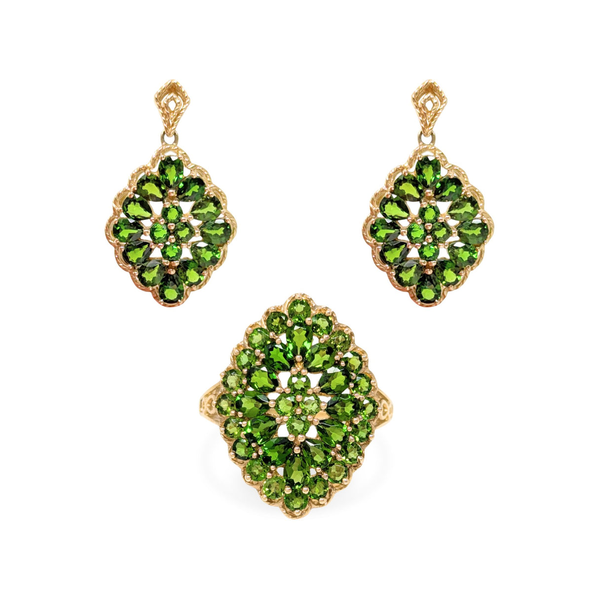 14K Gold Green Tourmaline Cluster Earrings & Ring Jewelry Set