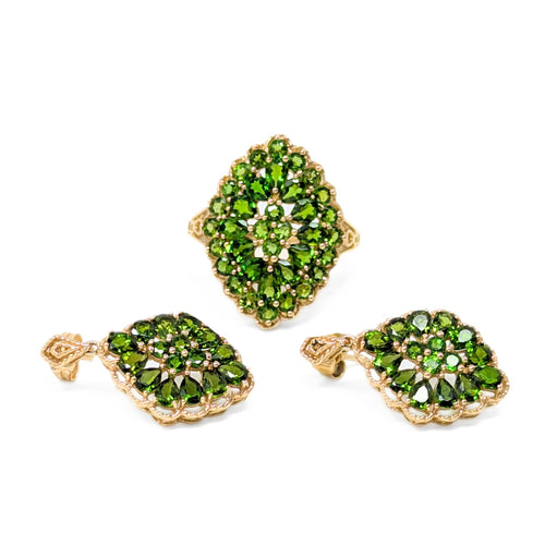 14K Gold Green Tourmaline Cluster Earrings & Ring Jewelry Set