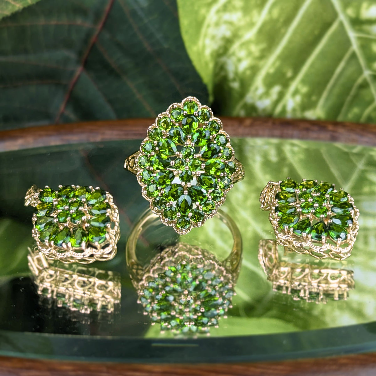 14K Gold Green Tourmaline Cluster Earrings & Ring Jewelry Set
