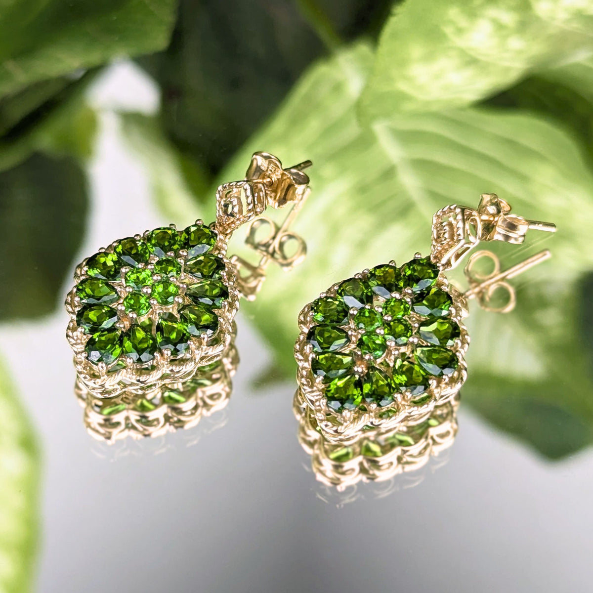 14K Gold Green Tourmaline Cluster Earrings & Ring Jewelry Set