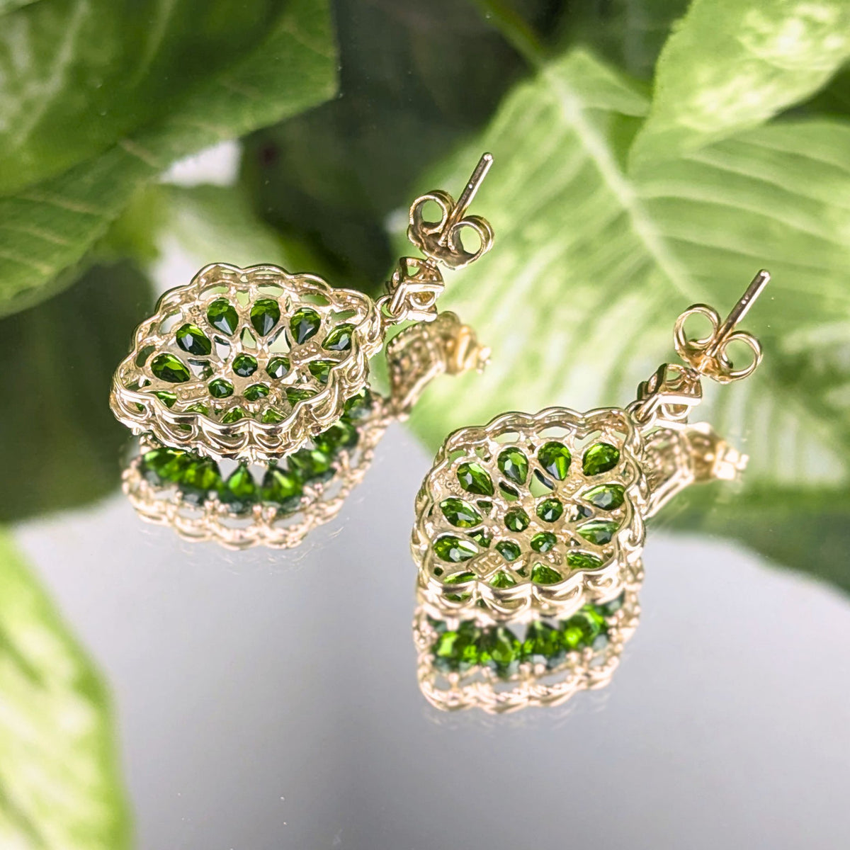 14K Gold Green Tourmaline Cluster Earrings & Ring Jewelry Set