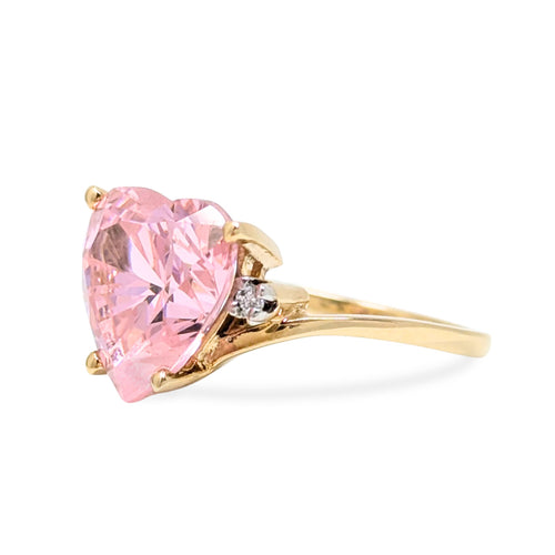 9K Gold Pink Morganite Heart Ring with Diamond Accents - Size 5.5