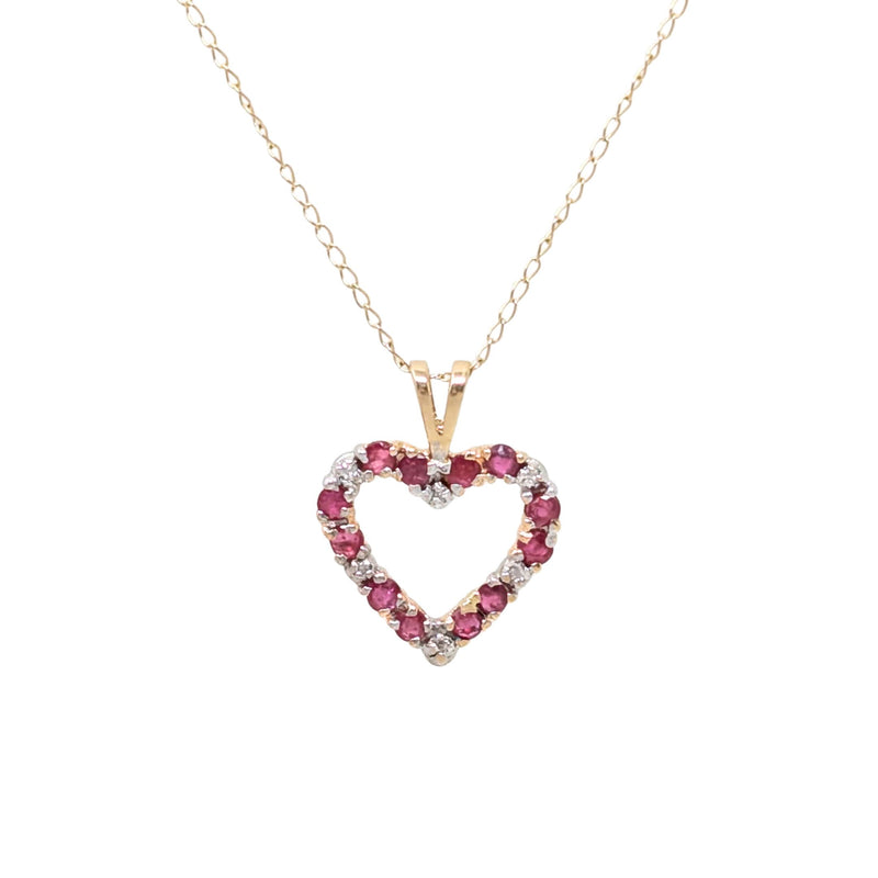 10K Gold Ruby & Diamond 16” Heart Pendant Necklace