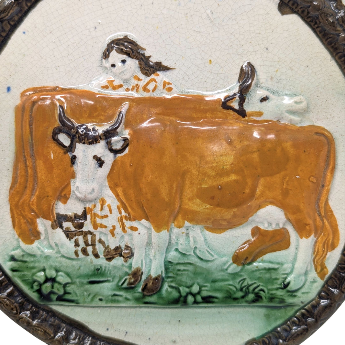 Antique Staffordshire Prattware Cow Plaque