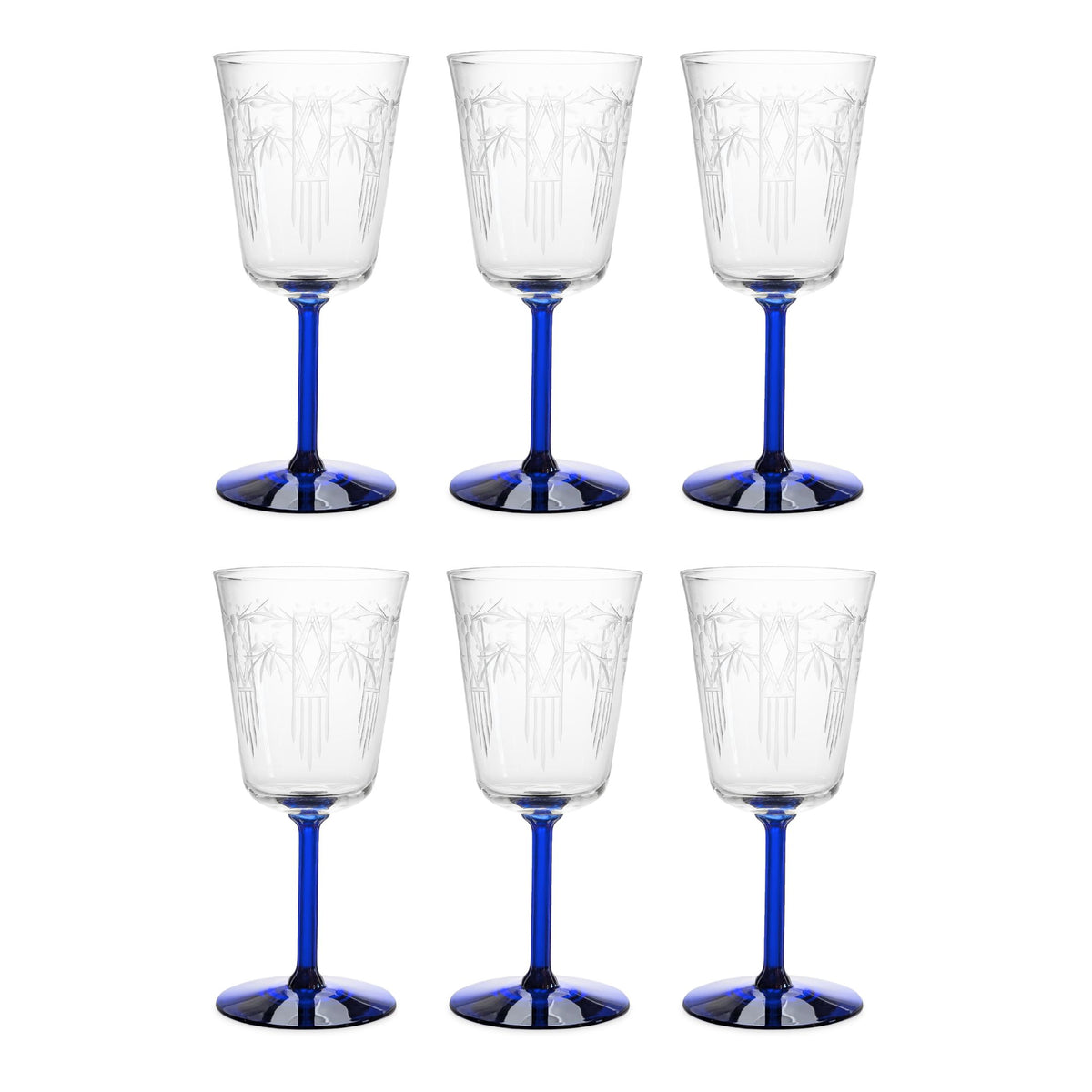 Community Crystal "Noblesse" Art Deco Water Goblets, Cobalt Stems (Set of 6)